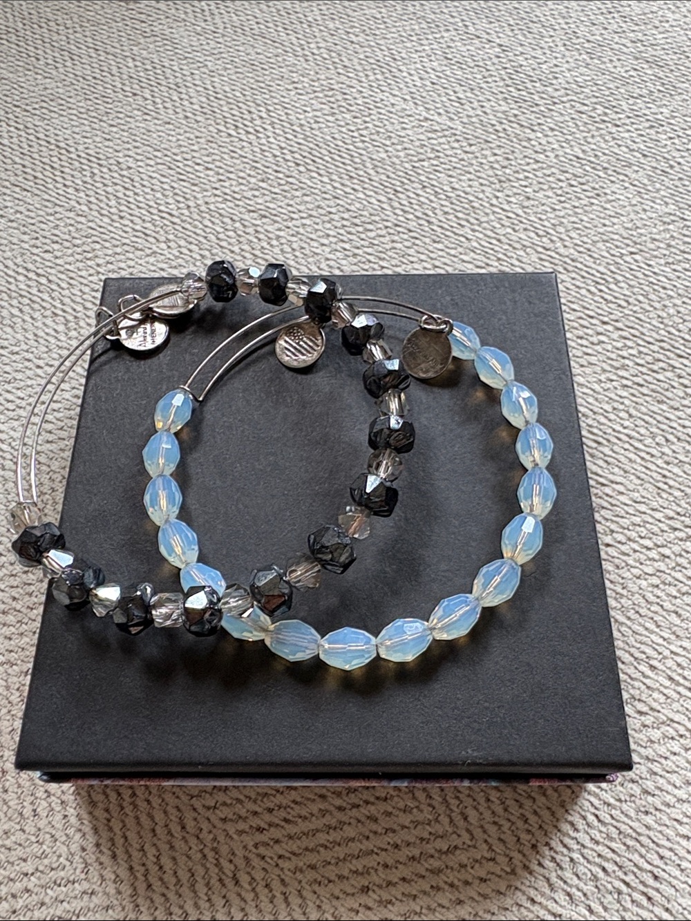Two Alex and Ani Faceted Hematite and Clear Bead Expandable Bracelet